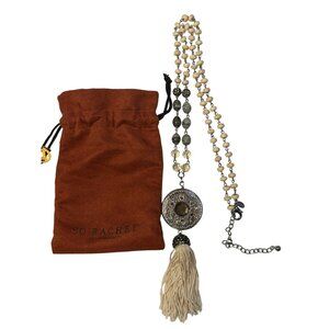 NEW Longaberger SO Rachel Tassel Necklace Cream Stone Beads Pendant Pouch 22"